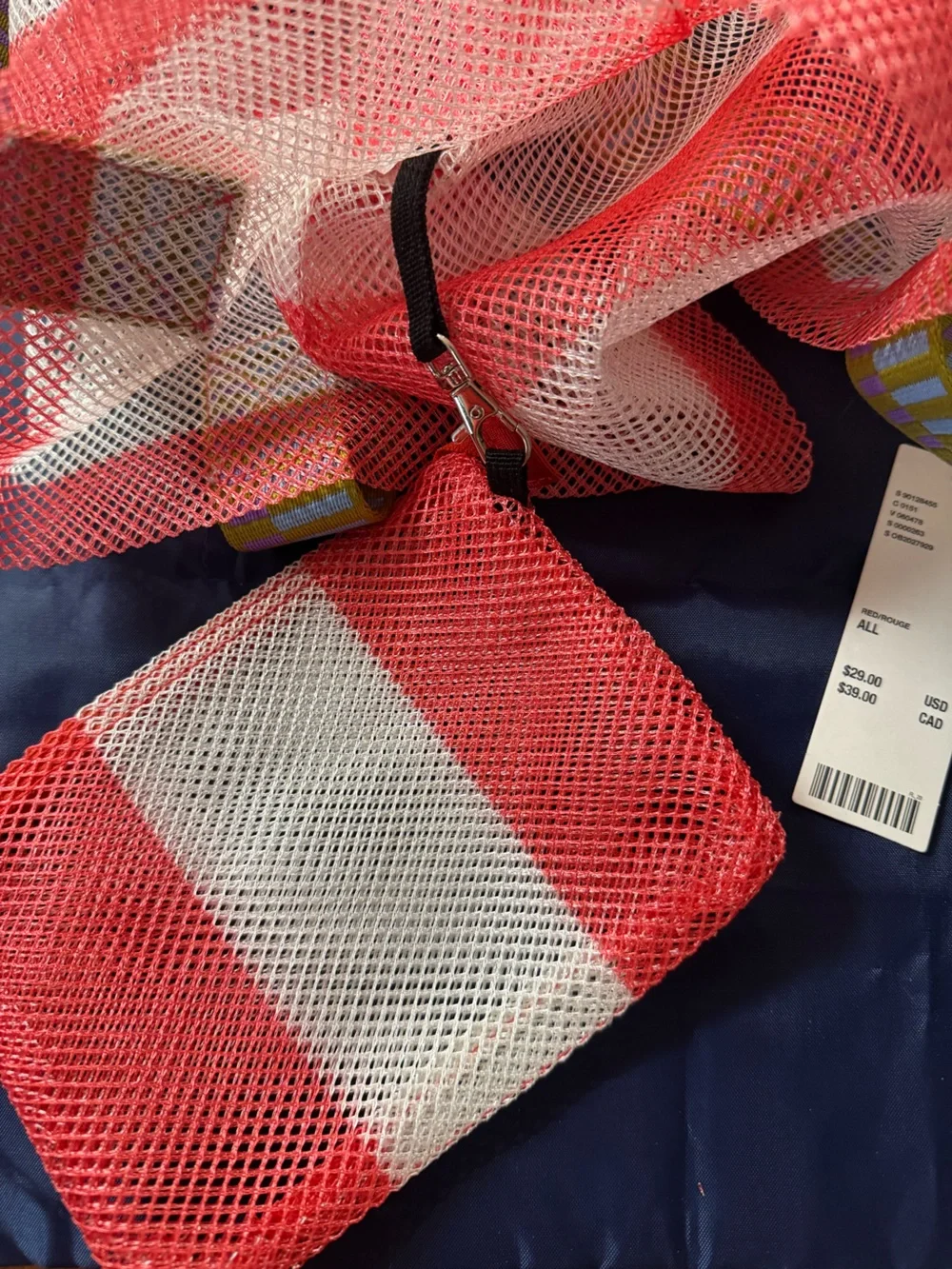 Summer Beach Ready São Paulo Pink & White Striped Mesh Tote w/add-on pouch. NWT.